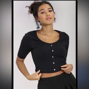 HELL BUNNY Black Jennifer Top Cropped Sleeves Scoop Neck Women’s Size XS/Small
